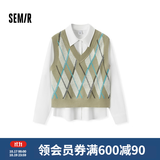 森马（Semir）长袖衬衫女冬季菱形格V领短背心易打理衬衣俏皮学院风两件套 白咖色调00315 M