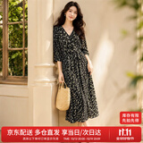 尚都比拉度假风碎花连衣裙女夏天V领气质中长裙收腰A字雪纺裙子 黑花 L
