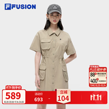 FILA FUSION 斐乐潮牌连衣裙女士工装风梭织时尚宽松衬衫裙活动自如 朦胧卡其-DK XS 155/76A