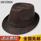DEVINSS礼帽男士秋冬季小礼帽鳄鱼纹皮帽子新款休闲保暖毛呢帽爵士舞帽子时尚有型毡帽 咖啡色