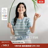 茵曼（INMAN）索罗纳凉感条纹短袖t恤女装轻薄2026夏季新款针织衫上衣 蓝色 M