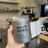 【两根吸管】波比熊高颜值带吸管不锈钢直饮咖啡水杯男女情侣办公室美式保冷保温马克车载杯子家用带盖早餐杯 复古冰美式银色咖啡杯+不锈钢吸管两根+杯刷