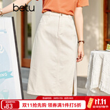 betu百图女装牛仔半身裙高腰A字修身包臀女式中长款裙子2107T46 杏色 XS
