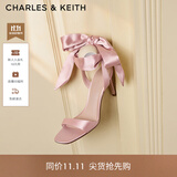 CHARLES&KEITH一字带缎面蝴蝶结绑带高跟凉鞋子女鞋生日礼物送女友CK1-61720177 粉红色Pink 34