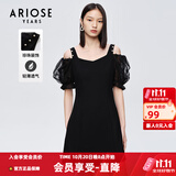 艾诺丝雅诗【商场同款】夏新珍珠网纱泡泡袖短袖小清新小黑裙连衣裙10429006 黑色 S