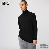 优衣库HEATTECH EXTRA WARM混纺两翻领T恤/9分袖男装9%羊绒481442 481442/09黑色 L