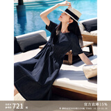 玖姿·安娜蔻【明星同款】慵懒松弛感莱赛尔亚麻牛仔收腰连衣裙女夏季 丈青 M