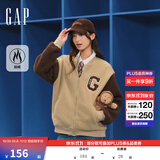 盖璞（GAP）男女装春款大G字母仿羊羔绒宽松夹克开衫卫衣787408 卡其色 L (175/96A)亚洲尺码【偏大,建议拍小一码】