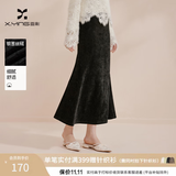 香影黑色丝绒鱼尾半身裙女2026秋季新款高腰垂感优雅中长款a字裙 黑色 M 160/64A/95-110斤