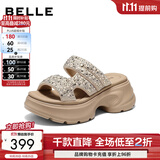 百丽（Belle）繁星亮片休闲凉鞋女2026夏新款商场同款厚底增高凉鞋F4A1DBL6 杏色-凉拖 36 (230mm)