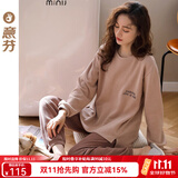 意芬睡衣女春秋可外穿纯棉长袖女士家居服秋冬季100%全棉居家服套装 浅咖 （宽松版型，合身拍小一码） M