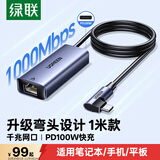 绿联Type-C转网口千兆网线转接头RJ45有线网卡转换器适用苹果笔记本手机iPad加长1米长线款PD充电接口