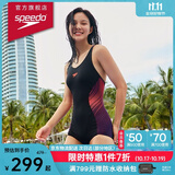速比涛（Speedo）【唐钱婷同款】泳衣女泳感抗氯防晒健身训练遮肉平角连体显瘦泳衣 黑色/紫色 S (高155-160cm,重44-50kg)
