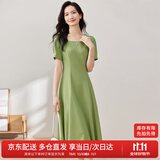 尚都比拉短袖连衣裙女夏季时尚通勤中长款a字裙钉珠收腰显瘦裙子 绿色 S
