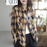 AJLD格子衬衫女春款韩版休闲翻领厚实格纹棉质衬衣女宽松长袖开衫上衣 黄色格子 均码 建议体重110-155斤左右