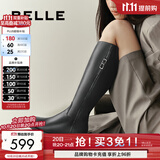 百丽（Belle）复古时髦牛皮骑士靴女商场同款显瘦长筒靴3NF73DG4 黑色 36 (230mm)