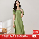 尚都比拉短袖连衣裙女夏季时尚通勤中长款a字裙钉珠收腰显瘦裙子 绿色 S