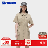 FILA FUSION 斐乐潮牌连衣裙女士工装风梭织时尚宽松衬衫裙活动自如 朦胧卡其-DK L 170/88A