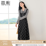 香影复古格子假两件连衣裙女2026秋季新款收腰拼接学院风中长裙子 深灰 M 160/84A/95-110斤