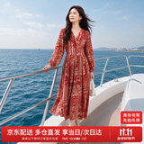尚都比拉春秋中长款印花红色连衣裙气质女神范显瘦度假裙子 红花 L 