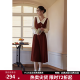 独束大码女装假两件撞色衬衫领连衣裙女秋冬微胖mm文艺复古穿搭裙子 勃艮第红【适合165左右】 XL