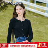 百图betu女装秋新款T恤圆领长袖精致蝴蝶结纽扣针织T恤女2308T19 黑色 M
