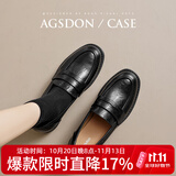 奥古狮登（Agsdon）乐福鞋女秋冬新款粗跟软底通勤单鞋女复古小皮鞋 P551008 黑色 38