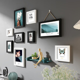 一面墙照片墙组合实木相框挂墙婚纱照家庭墙上相册框过道装饰画框免打孔 9框黑白框+现代艺术+不含玩偶