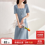 尚都比拉短袖连衣裙女夏季复古赫本风气质通勤裙子中长款A字裙 灰蓝色 S