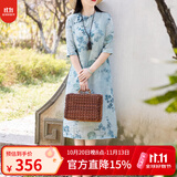 知筆墨夏款新品苎麻高端改良旗袍斜襟气质女装中式连衣裙复古裙子 浅蓝色花 M