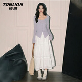唐狮（TonLion）半身裙子女装a字裙春秋季新款白色淑女高级感蕾丝拼接女士中长裙