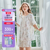 嫚熙（EMXEE）【苗苗同款】夏季弹力丝麻棉女士睡衣短袖家居服套装2026新款 L