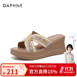 DAPHNE达芙妮田园风编织坡跟凉拖女2026夏季新款外穿防滑一字带拖鞋 米色 跟高7cm 35 (225mm)