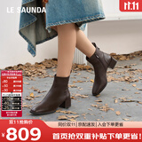 莱尔斯丹奶油可可小方头拉链粗跟瘦瘦靴女靴女鞋44906【加绒】布朗棕TMK37
