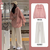 亿梵莎休闲套装卫衣女学生装2022新款春秋季韩版宽松连帽时尚百搭衣服两件套潮 粉色卫衣+米白色裤子 均码（可找客服备注码数）