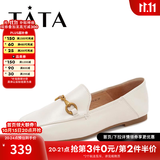 他她（TATA）方头乐福鞋女休闲平底一脚蹬小皮鞋女单鞋春秋款FLC22AM5 米色 39