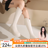 达芙妮厚底V口长筒靴女2026秋冬爆款女靴高筒靴显瘦百搭增高骑士靴子女 米白色 37