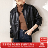 尚都比拉干练帅气经典百搭翻领口袋设计机车夹克女皮衣 黑色 L 