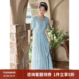 茵曼（INMAN）法式薄荷曼波连衣裙2024夏女装新品V领灯笼袖抽绳 绀蓝色 S