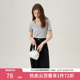 范思蓝恩范思蓝恩红色旺中女基础正肩短袖t恤夏季2024新款方领上衣12797 花灰色-U领 M