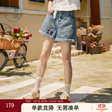 紫涵（ZIHAN）紫涵刺绣复古牛仔短裤女夏季新款高腰宽松显瘦阔腿卷边五分裤 浅牛仔蓝 S