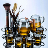 正扬玻璃功夫茶具套装家用整套耐热透明贴花办公泡茶壶茶杯木手柄高档 10头(正圆尊)烟灰+把杯+茶道