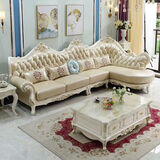 咕朵（GuDuo）小户型客厅转角沙发L型拐角沙发 欧式真皮转角沙发实木雕花框架 1+2+贵【总长3.38米】象牙白框架