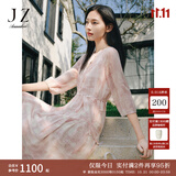 玖姿·安娜蔻【100%桑蚕丝】典雅山水印花收腰连衣裙女夏季 条粉红 M