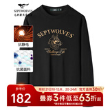 七匹狼长袖T恤男士卫衣7A抗菌秋季抗静电圆领套头打底衫印花设计感男装 黑色-7A抗菌蓄热抗静电 XL (175)