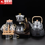 正扬玻璃自动茶具套装家用懒人高档磁吸泡茶神器整套功夫杯防烫办公礼 楼阁6金+罐架+钻黑900+长胡黑