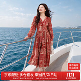 尚都比拉春秋中长款印花红色连衣裙气质女神范显瘦度假裙子 红花 S 