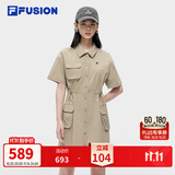 FILA FUSION 斐乐潮牌连衣裙女士工装风梭织时尚宽松衬衫裙活动自如 朦胧卡其-DK XL 175/92A