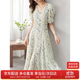 尚都比拉夏季法式碎花连衣裙泡泡袖茶歇裙气质女神范裙子 杏底蓝花 M 