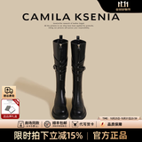 CAMILA KSENIA长筒靴女士2026年新款秋季休闲百搭厚底增高靴子皮带扣瘦瘦骑士靴 黑色 37